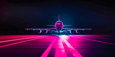 a bright coloured airplane landing in a runway with colorful lights on - obrazy, fototapety, plakaty