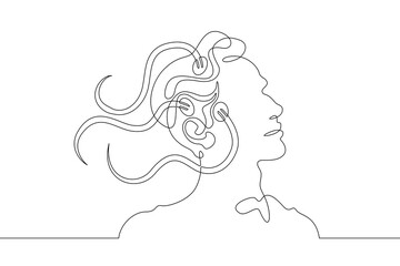 One continuous line. Neuroimplants. Brain implants. Bald man with wires in his head. Neurochip. Wires connected to head of bald man.One continuous line drawn isolated, white background.