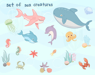 Set of cute sea creatures, marine animals including Crab, Jellyfish, Octopus, Dolphin, Shark, Sea dragon, Seashell, Lobster, Starfish, Coral, Whales, Lobster