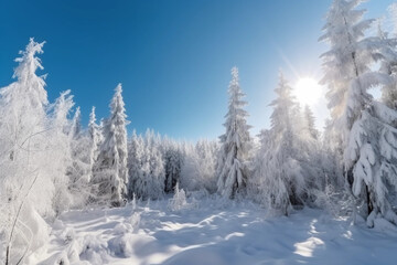 Fototapeta premium An amazingly beautiful fairy-tale panorama of the nature of a winter forest with shaggy snow-covered firs, deep snowdrifts and light snowfall. generative ai.