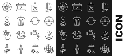 Set line Planet earth and a recycling, Earth globe leaf, Radioactive, Paper shopping bag with recycle, Trash can, Garbage, Recycle symbol gear and Electric plug icon. Vector