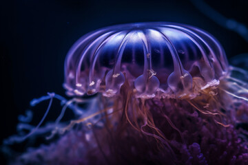 Obraz premium Macro of a blue Jelly fish. AI generated content