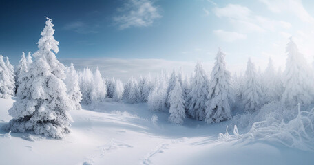 Fototapeta na wymiar An amazingly beautiful fairy-tale panorama of the nature of a winter forest with shaggy snow-covered firs, deep snowdrifts and light snowfall. generative ai.