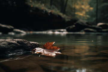 Yellow leaf on surface of water in a lake in woods, background macro. AI generated content