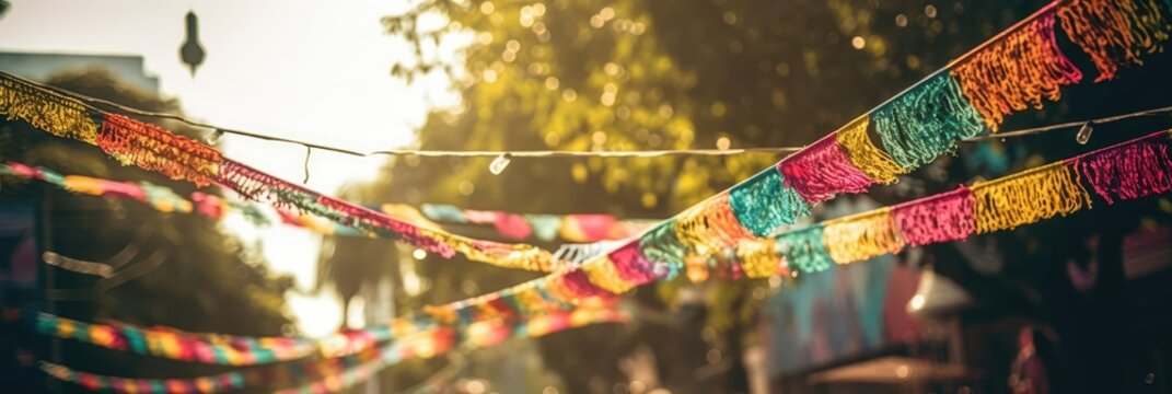 Festa junina colorful decorations. south american party. Festas Juninas theme, with little flags and sunny day. ai generated illustration