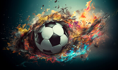 soccer ball is flying in colorful background