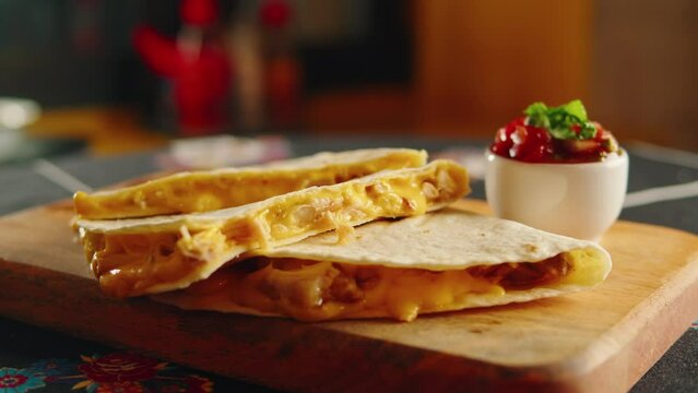 Close up of cheese quesadilla, Eating Traditional Mexican food, tex mex cuisine. Hands taking cooked quesadilla with vegan pork beef meat and vegetables,  Generative AI