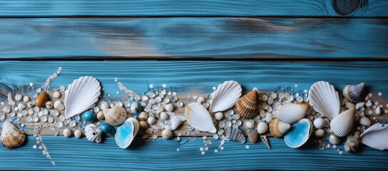 Fototapeta premium Seashells on blue wooden plank with straw hat and flip-flop, generative ai, starfish wood background 