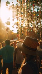 people wearing farmer hat celebrating festa junina. silhouette crowd of people celebrate festas juninas. colorful garland june brazilian festival. sao joao. generative ai illustration
