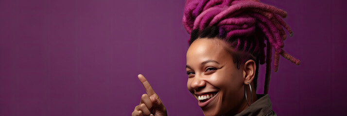 Fototapeta premium Portrait of a woman with magenta dreadlocks pointing her index finger up, banner on dark magenta background, generative ai illustration