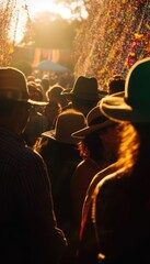 people wearing farmer hat celebrating festa junina. silhouette crowd of people celebrate festas juninas. colorful garland june brazilian festival. sao joao. generative ai illustration