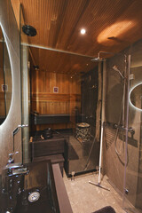 Modern dark bathroom with a sauna or sauna room. Grey floor and walls, wooden ceiling. Shower,...
