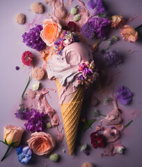 Ice-cream with flowers. AI generated image.