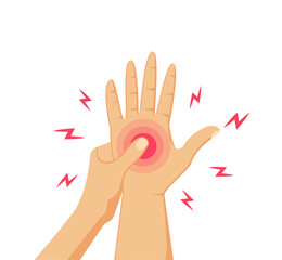 Hand ache vector illustration. Numb arm. Finger sore. Palm pain. Nerves numbness. Chronic arthritis