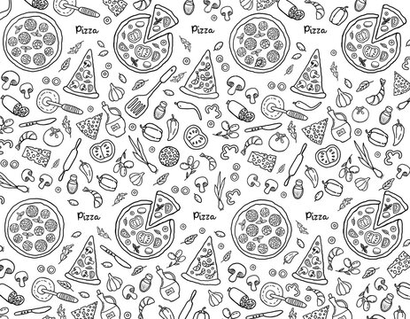 Pizza seamless pattern drawing with hand drawn doodles on white background - high resolution. Pizza with ingredients. Wrapping paper, packaging, web, textile, fabric, print design