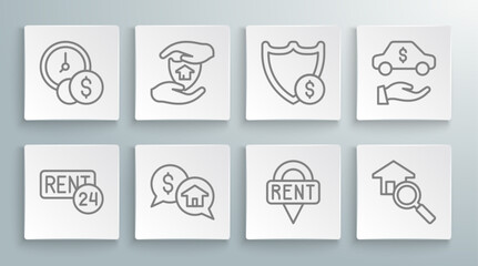 Set line Rent, House with shield, Price negotiation, Location key, Search house, Shield dollar, Car rental and Time is money icon. Vector