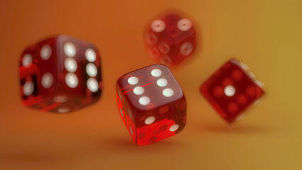 3D Illustration of Red dices flying and spinning in the air