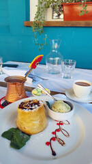 Tatar traditional sweet baked homemade dessert chak-chak with honey and cocoa. Eastern sweetness