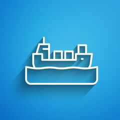 White line Oil tanker ship icon isolated on blue background. Long shadow. Vector