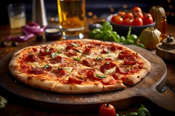 A delicious, freshly-made pizza with multiple toppings and presented on a wooden board. Kitchen and ingredients in the background. Generative AI, Ai, generative