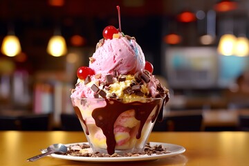 A glorious ice cream sundae dessert with strawberry, vanilla flavours, chocolate sauce and cherry on top. Taken from within the ice cream parlour. Generative AI.