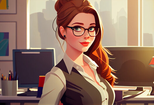 Secretary girl, office worker woman, beautiful businesswoman girl, beauty, charming businesswoman, girl with glasses, cryptocurrency, digital illustration generative AI