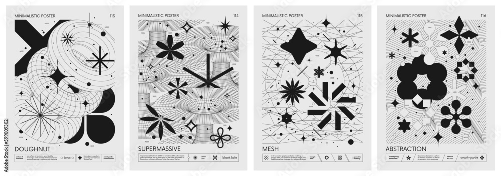 Poster Futuristic retro vector minimalistic Posters with 3d strange wireframes form graphic of geometrical shapes modern design inspired by brutalism and silhouette basic figures, set 29