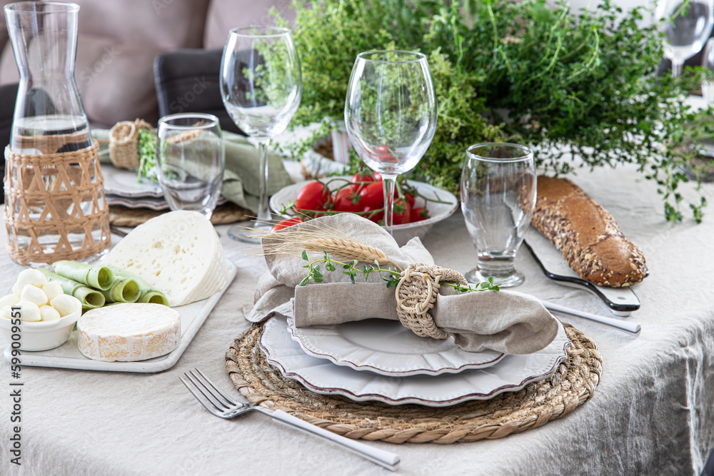 Wall mural Shavuot table setting.  Herbs  table decorations for holidays and dinner