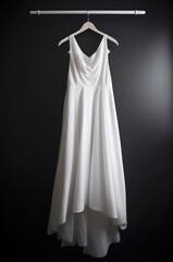 White silk dress hangs on a hanger