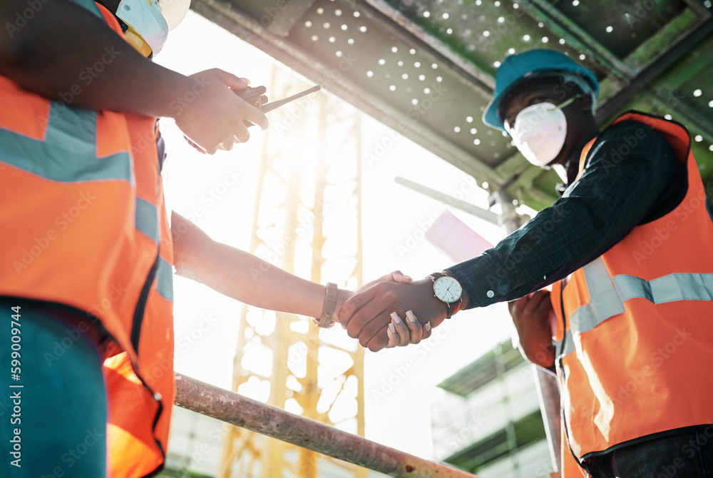 Poster creating an alliance thats stronger than concrete. two builders shaking hands at a construction site