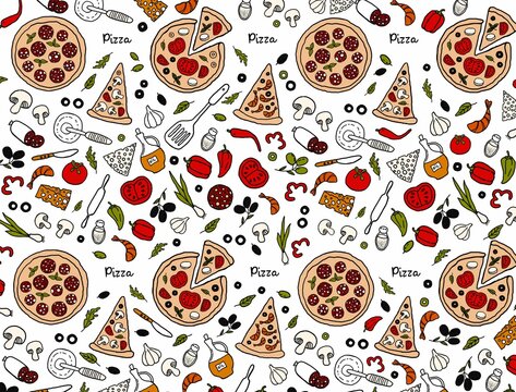 Pizza seamless pattern drawing with hand drawn doodles on white background - high resolution. Pizza with ingredients. Wrapping paper, packaging, web, textile, fabric, print design