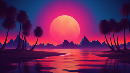 Pôr do sol retrofuturista  no fundo colorido da praia com super lua atrás dele