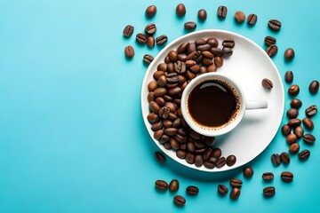 Obraz na płótnie Canvas Top view of mug coffee and coffee beans isolated on pastel blue background with copy space