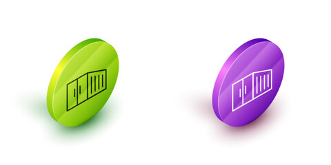 Isometric line Container icon isolated on white background. Crane lifts a container with cargo. Green and purple circle buttons. Vector