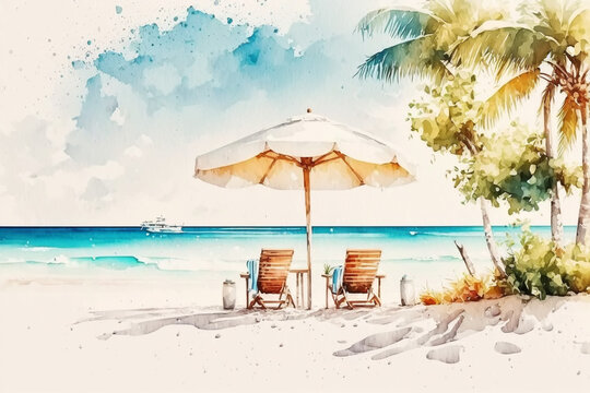 Beautiful beach banner. White sand, chairs and umbrella travel tourism wide panorama background concept. Amazing beach watercolor landscape watercolor painting
 Generative Ai. 