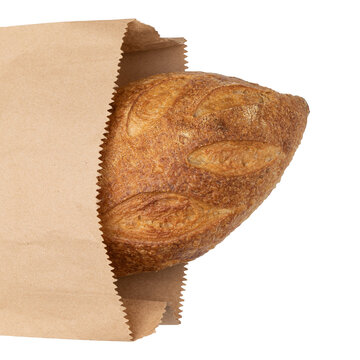 fresh bread or whole grain bread in paper bag isolated on white