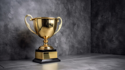 Simplesmente projete o vencedor ou o copo do troféu de ouro do campeão no fundo cinza de pedra de concreto. Vitória primeiro lugar da competição. Conceito de vitória ou sucesso. Espaço de cópia de vis