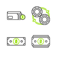 Set line Stacks paper money cash, Gear and arrows workflow process concept and Envelope with coin dollar symbol icon. Vector