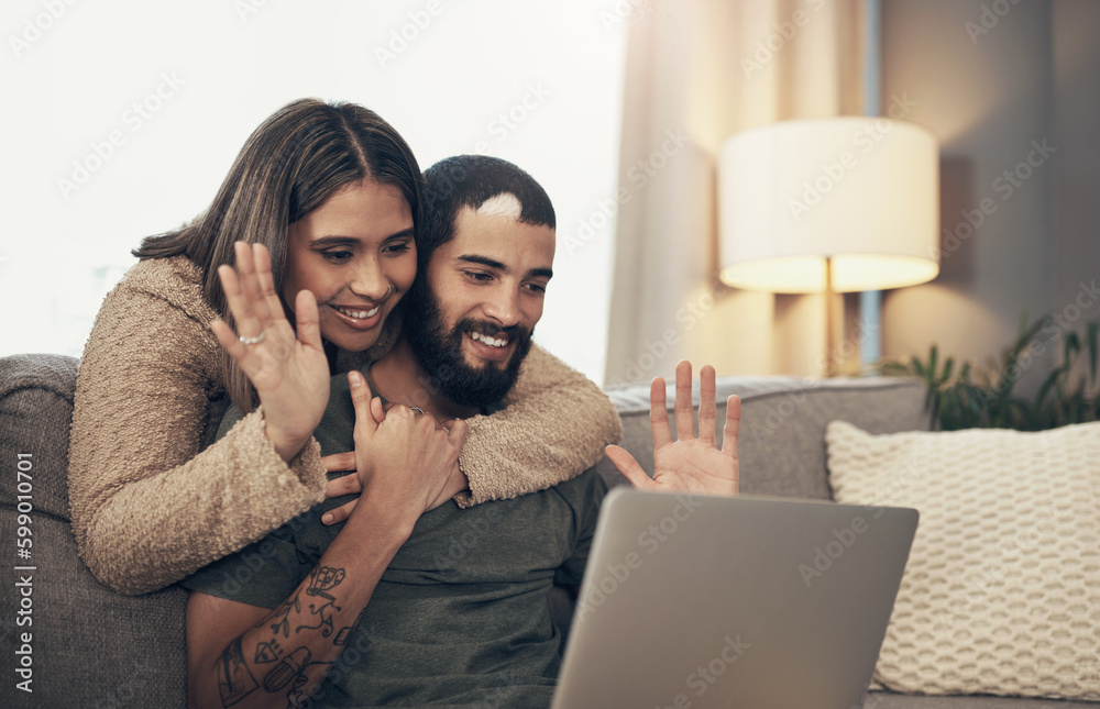 Poster the best way to survive social distance. a young couple using a laptop to make a video call on the s