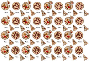 Pizza seamless pattern drawing with hand drawn doodles on white background - high resolution. Pizza with ingredients. Wrapping paper, packaging, web, textile, fabric, print design