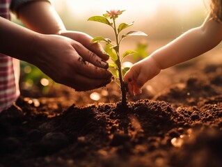 A mother and child's hands holding a small plant in soil