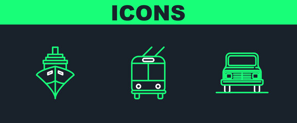 Set line Car, Cargo ship and Trolleybus icon. Vector