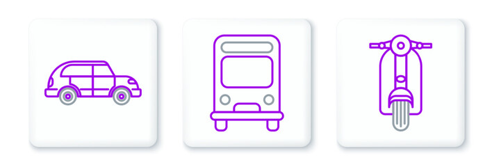 Obraz premium Set line Scooter, Hatchback car and Bus icon. Vector