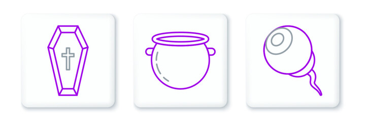 Set line Eye, Coffin with christian cross and Halloween witch cauldron icon. Vector