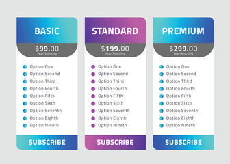 Coloful Pricing Table Design Templates for Websites and Applications. Vector Pricing Plans with Icon Set. Flat Style Vector Illustration