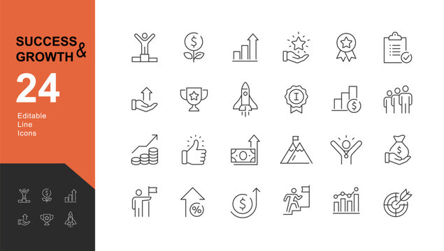 Success and Growth Editable Icons set. Vector illustration in modern thin line style of business icons:  personal, professional, and financial growth, progress, career. Pictograms and infographics