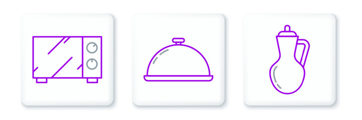 Set line Bottle of olive oil, Microwave oven and Covered with tray food icon. Vector