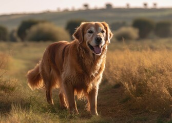 Obraz premium Golden Retriever running in the field Generative Ai