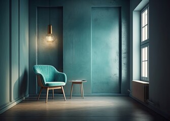 An empty room with a blue chair and mirror Generative Ai