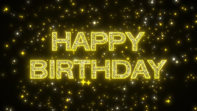 Video-Animation eines funkelnden goldenen Text mit der Nachricht Happy Birthday auf einen goldenen, funkelnden Hintergrund.